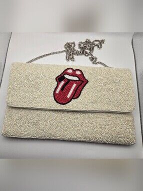 Beaded Cream Crossbody Clutch Red Tongue Rolling Stones Rocker Chic Retro Music